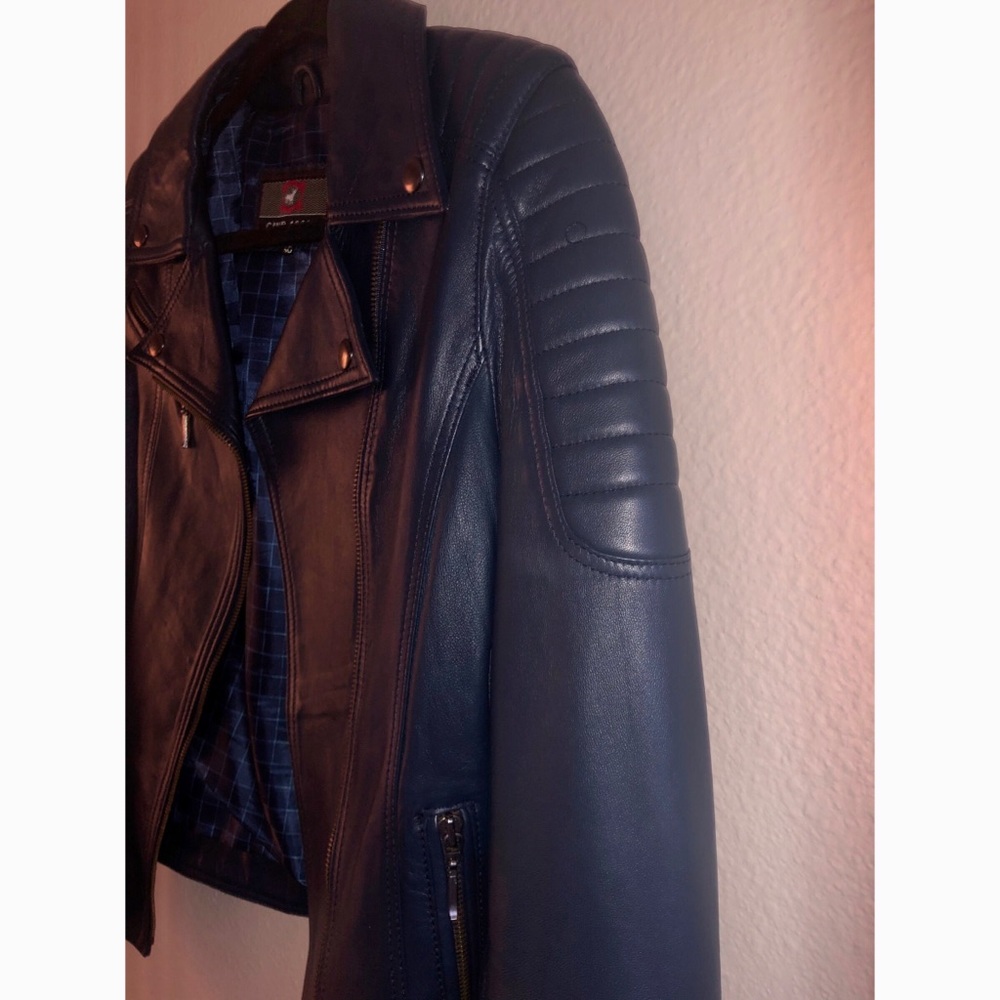 100% Leather Moto Jacket in Navy